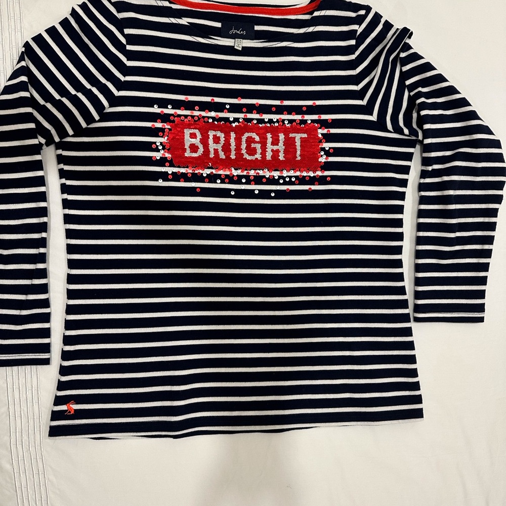 “Joules” Navy and White Striped Holiday Knit Shirt